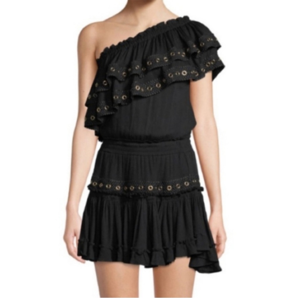 MISA Los Angeles Larisa Mini Dress Black One Shoulder Gold Grommet Size Small